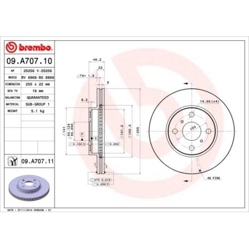 BREMBO Bremsscheibe PRIME LINE - UV Coated 09.A707.11