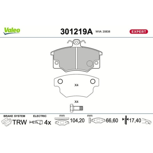 VALEO Bremsbelagsatz, Scheibenbremse EXPERT 301219A