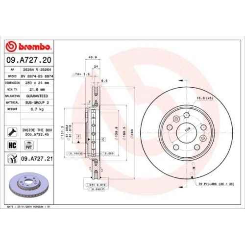BREMBO Bremsscheibe PRIME LINE - UV Coated 09.A727.21