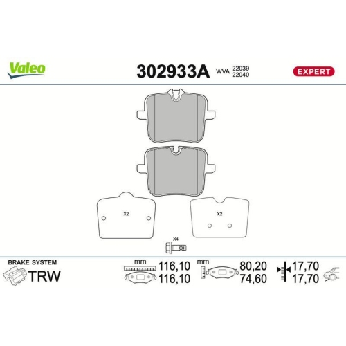 VALEO Bremsbelagsatz, Scheibenbremse EXPERT 302933A