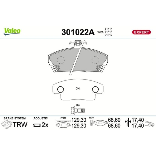 VALEO Bremsbelagsatz, Scheibenbremse EXPERT 301022A
