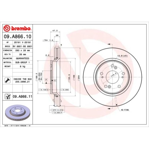 BREMBO Bremsscheibe PRIME LINE - UV Coated 09.A866.11