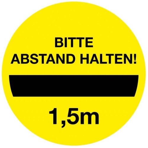 Warnschild Bitte Abstand halten f&uuml;r Innen- und Au&szlig;enbereiche aus PVC-Folie Gelb