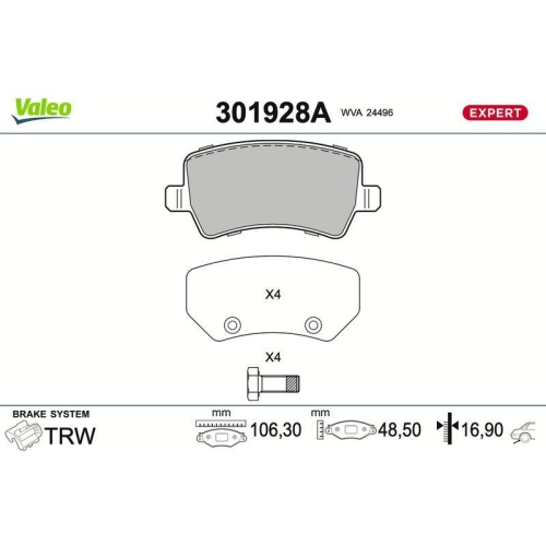 VALEO Bremsbelagsatz, Scheibenbremse EXPERT 301928A