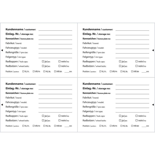 100 Ersatzetiketten Rad-/Reifenanh&auml;nger 4 Etiketten pro Bogen perforiert Wei&szlig;