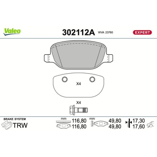 VALEO Bremsbelagsatz, Scheibenbremse EXPERT 302112A