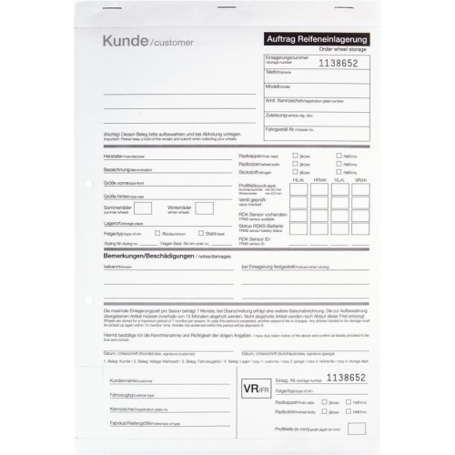 25 Formulars&auml;tze zur Einlagerung Rad-/Reifenanh&auml;nger, Format: DIN A4 - 4-Fach