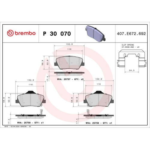 BREMBO Bremsbelagsatz, Scheibenbremse PRIME LINE P 30 070