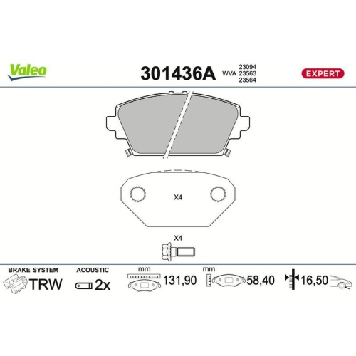 VALEO Bremsbelagsatz, Scheibenbremse EXPERT 301436A