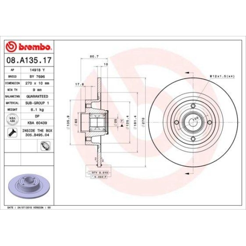 BREMBO Bremsscheibe PRIME LINE - With Bearing Kit 08.A135.17