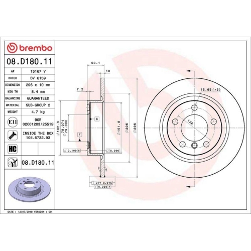 BREMBO Bremsscheibe PRIME LINE - UV Coated 08.D180.11