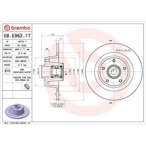 BREMBO Bremsscheibe PRIME LINE - With Bearing Kit 08.E962.17