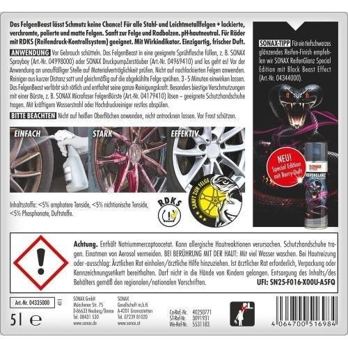 2x SONAX FelgenBeast Felgen Reiniger 5 Liter Kanister mit Ausgie&szlig;er 04335000