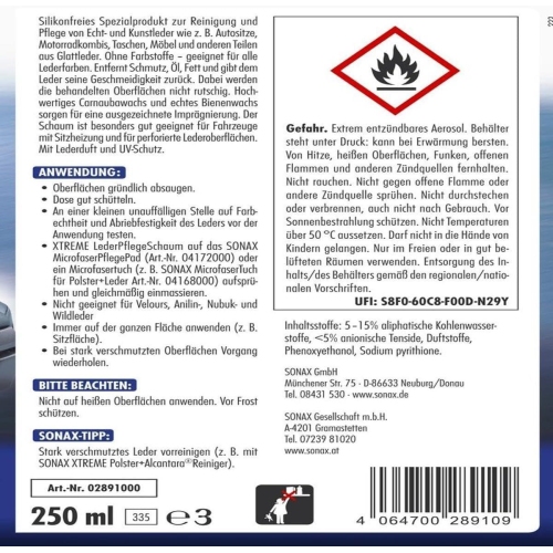 LederPflegeSchaum NanoPro 250 ml Leder Pflege Reiniger Schaum SONAX XTREME