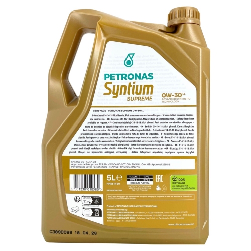 Motor&ouml;l Motoren&ouml;l Petronas Syntium Supreme LL 0W-30 5 Liter Kanister 71226M12EU