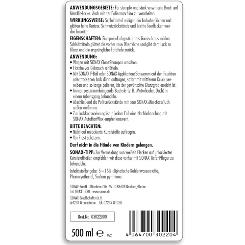 SONAX LackReiniger Politur auch für Poliermaschine geeignet 500 ml 03022000