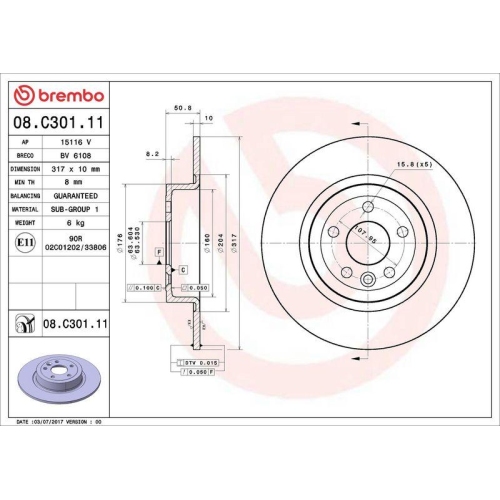 BREMBO Bremsscheibe PRIME LINE - UV Coated 08.C301.11