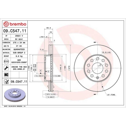 BREMBO Bremsscheibe PRIME LINE - UV Coated 09.C547.11