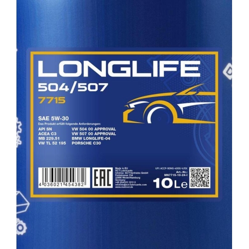 Motor&ouml;l Motoren&ouml;l Mannol Longlife 504/507 5W-30 10 Liter Kanister MN7715-10