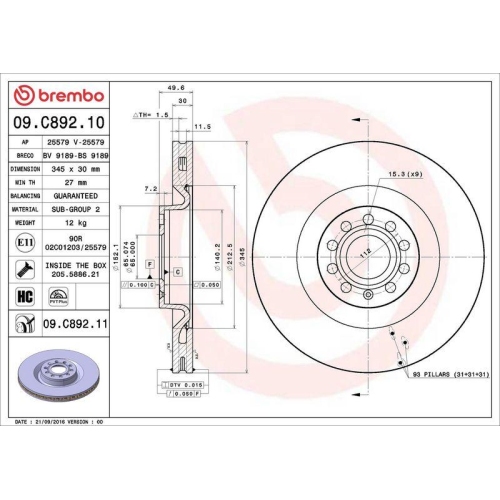 BREMBO Bremsscheibe PRIME LINE - UV Coated 09.C892.11