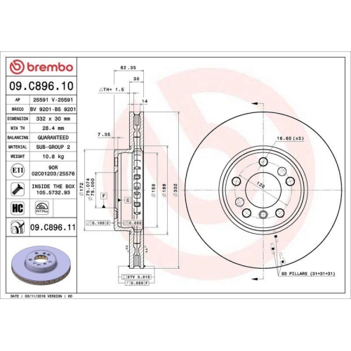 BREMBO Bremsscheibe PRIME LINE - UV Coated 09.C896.11