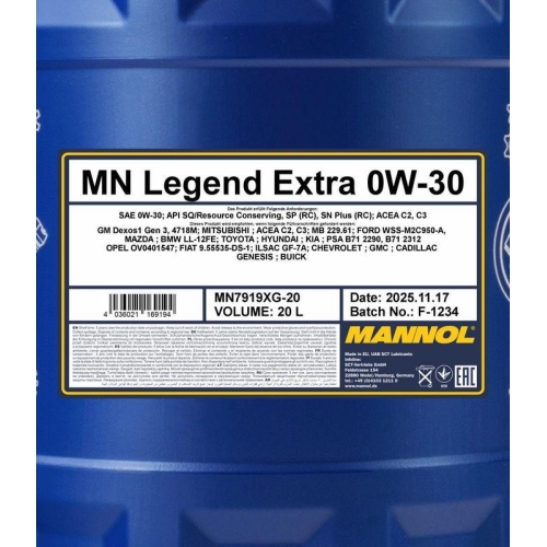 Motor&ouml;l Motoren&ouml;l Mannol Legend Extra 0W-30 20 Liter Kanister MN7919-20
