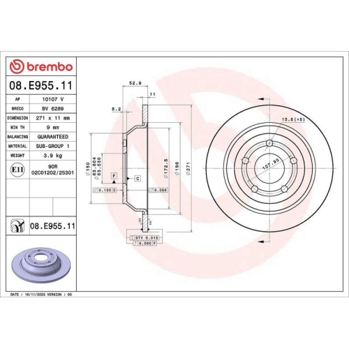 BREMBO Bremsscheibe PRIME LINE - UV Coated 08.E955.11