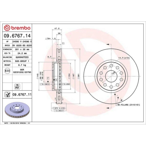 BREMBO Bremsscheibe PRIME LINE - UV Coated 09.6767.11