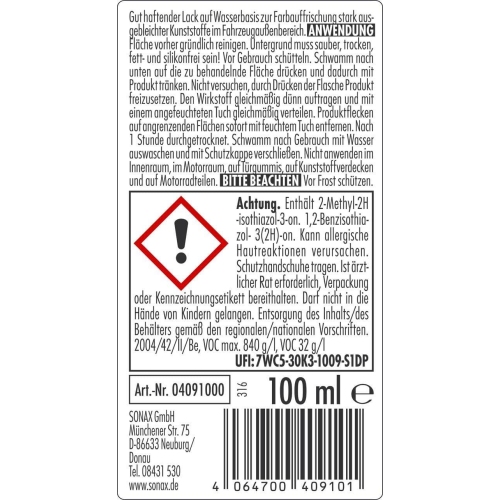 SONAX Kunststoff Neu Schwarz, Kunststoffpflegemittel 100 ml 04091000