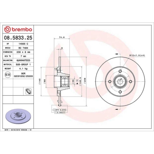 BREMBO Bremsscheibe PRIME LINE - With Bearing Kit 08.5833.25