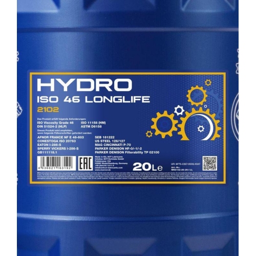 Hydraulik&ouml;l Mannol Hydro ISO 46 Longlife 20 Liter Kanister MN2102-20