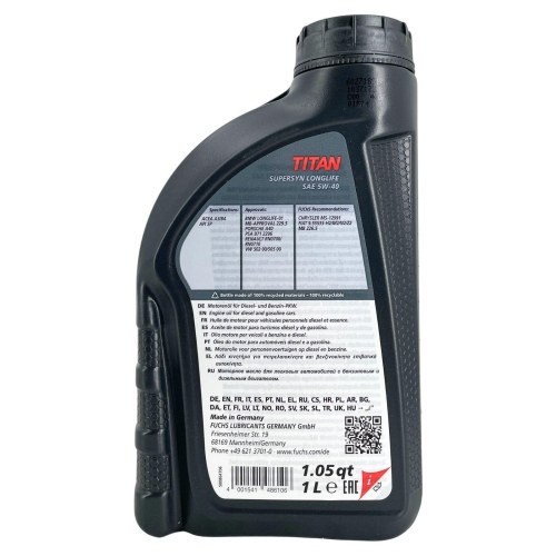 Motor&ouml;l Motoren&ouml;l Fuchs Titan Supersyn Longlife 5W-40 1 Liter Flasche 602718914