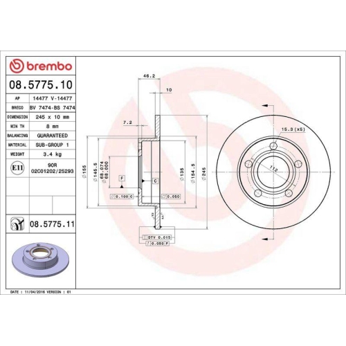 BREMBO Bremsscheibe PRIME LINE - UV Coated 08.5775.11