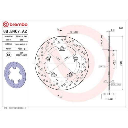 BREMBO Bremsscheibe PRIME - Serie-Oro - Fixed Disc 68B407A2