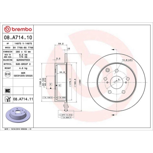 BREMBO Bremsscheibe PRIME LINE - UV Coated 08.A714.11
