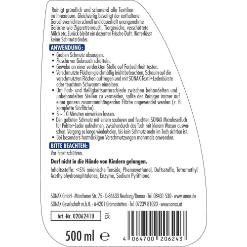 Polster+Alcantara Reiniger 500 ml Polsterreiniger f&uuml;r Textilien SONAX 02062410