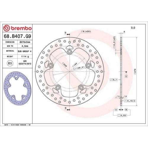 BREMBO Bremsscheibe PRIME - Serie-Oro - Fixed Disc 68B407G9