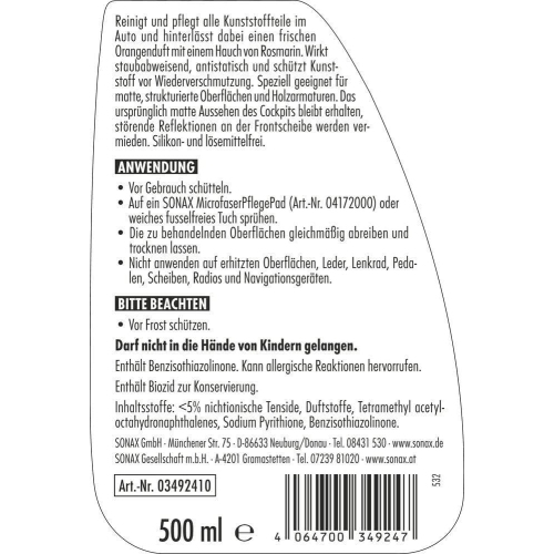 Sonax CockpitPfleger Reiniger Innen Matteffect Orange+Rosemary 500ml 03492410