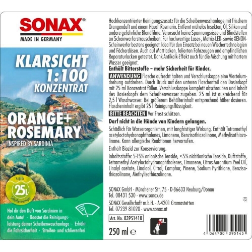KLARSICHT 1:100 KONZENTRAT ORANGE + ROSEMARY SCHEIBENREINIGER SOMMER 250ml SONAX