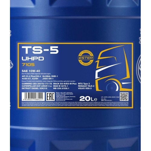 Motor&ouml;l Motoren&ouml;l Mannol TS-5 UHPD 10W-40 20 Liter Kanister MN7105-20
