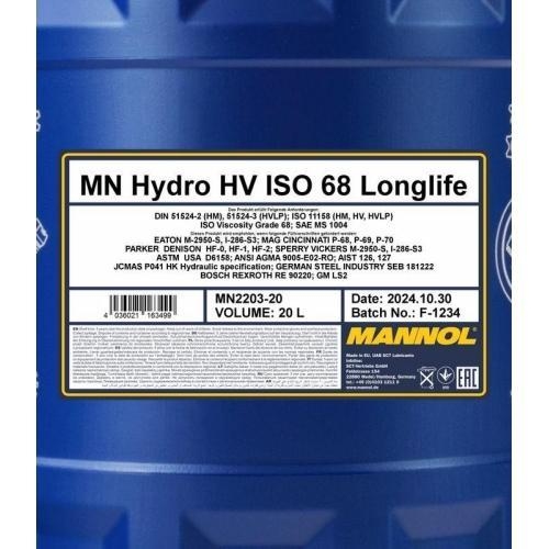 Hydraulik&ouml;l Mannol Hydro HV ISO 68 Longlife 20 Liter Kanister MN2203-20