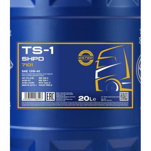 Motor&ouml;l Motoren&ouml;l Mannol TS-1 SHPD 15W-40 20 Liter Kanister MN7101-20