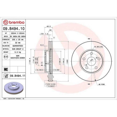 BREMBO Bremsscheibe PRIME LINE - UV Coated 09.B494.11