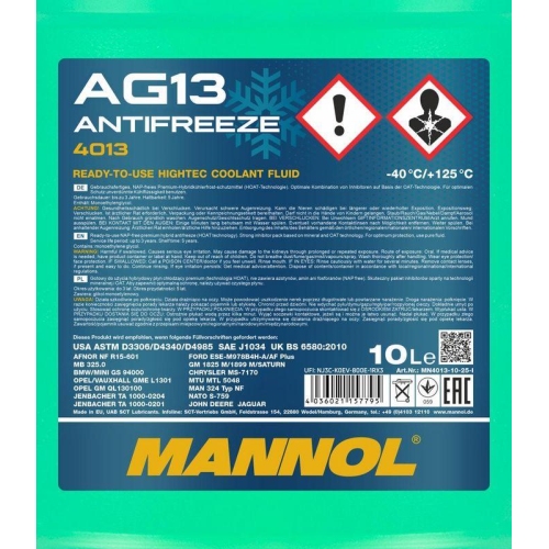 Mannol Antifreeze K&uuml;hlerfrostschutz AG13 (-40 &deg;C) Hightec 10 Liter MN4013-10
