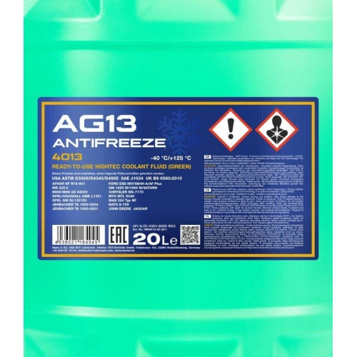 Mannol Antifreeze K&uuml;hlerfrostschutz AG13 (-40 &deg;C) Hightec 20 Liter MN4013-20