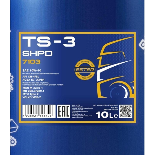 Motor&ouml;l Motoren&ouml;l Mannol TS-3 SHPD 10W-40 10 Liter Kanister MN7103-10