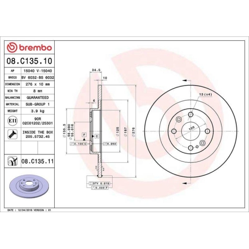 BREMBO Bremsscheibe PRIME LINE - UV Coated 08.C135.11