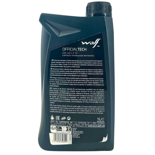 Motor&ouml;l Motoren&ouml;l Wolf OfficialTech 0W-40 C3 SP 1 Liter Flasche 1052103