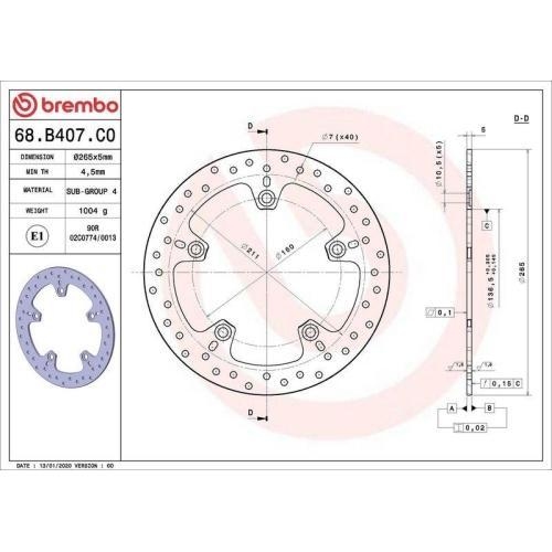 Bremsscheibe BREMBO 68B407C0 hinten Hinterachse 265mm Motorrad