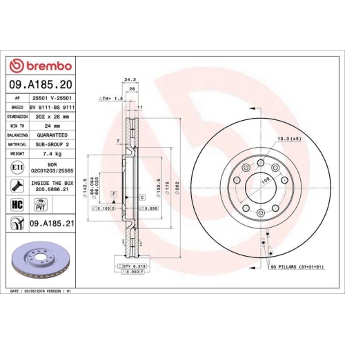 BREMBO Bremsscheibe PRIME LINE - UV Coated 09.A185.21